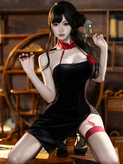 Red Rose Cheongsam Dress - Velvet Embroidered Chinese Qipao Blesssafe