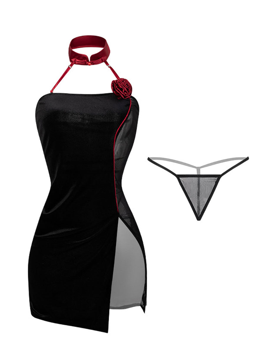Red Rose Cheongsam Dress - Velvet Embroidered Chinese Qipao Blesssafe