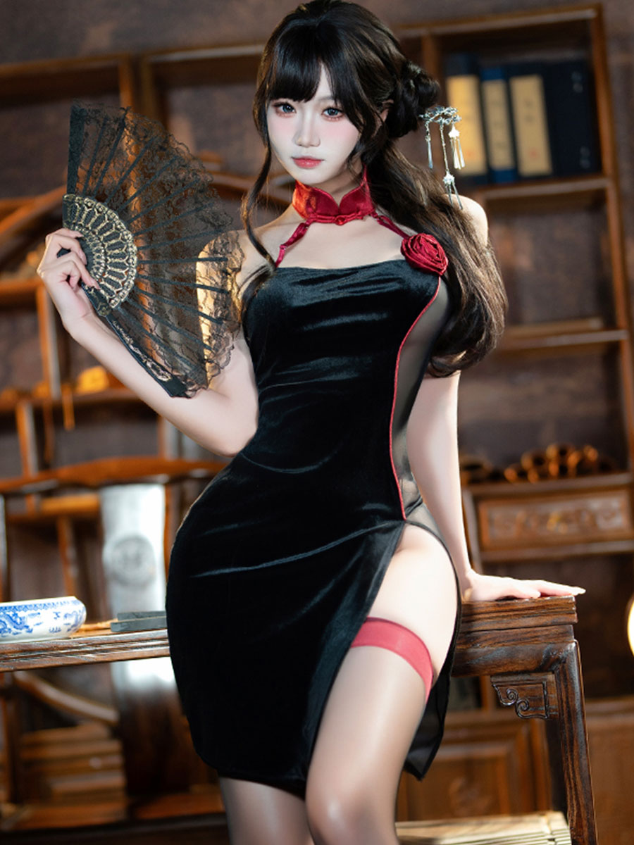 Red Rose Cheongsam Dress - Velvet Embroidered Chinese Qipao Blesssafe