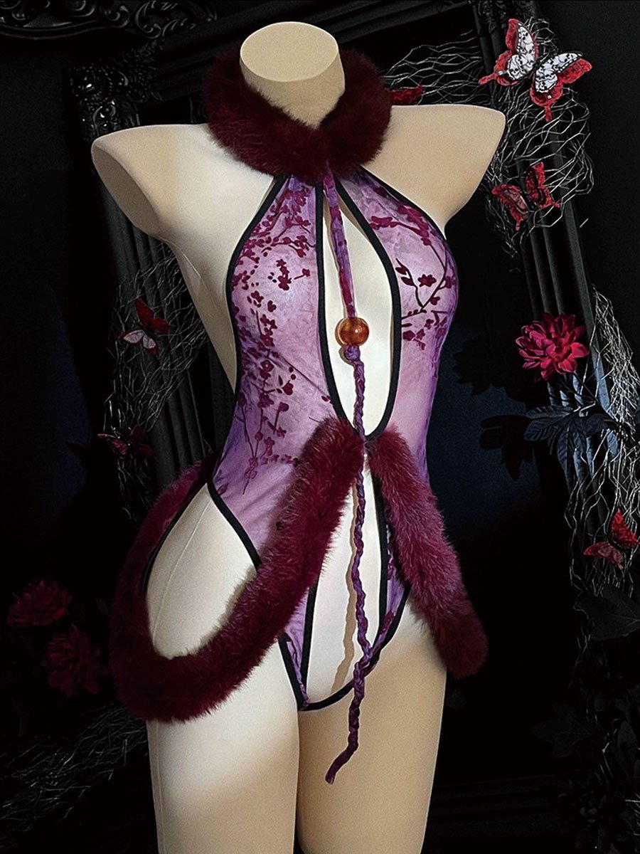 Furry Neck Lace Crotchless Teddy - Plush Chinese Style Bodysuit Blesssafe