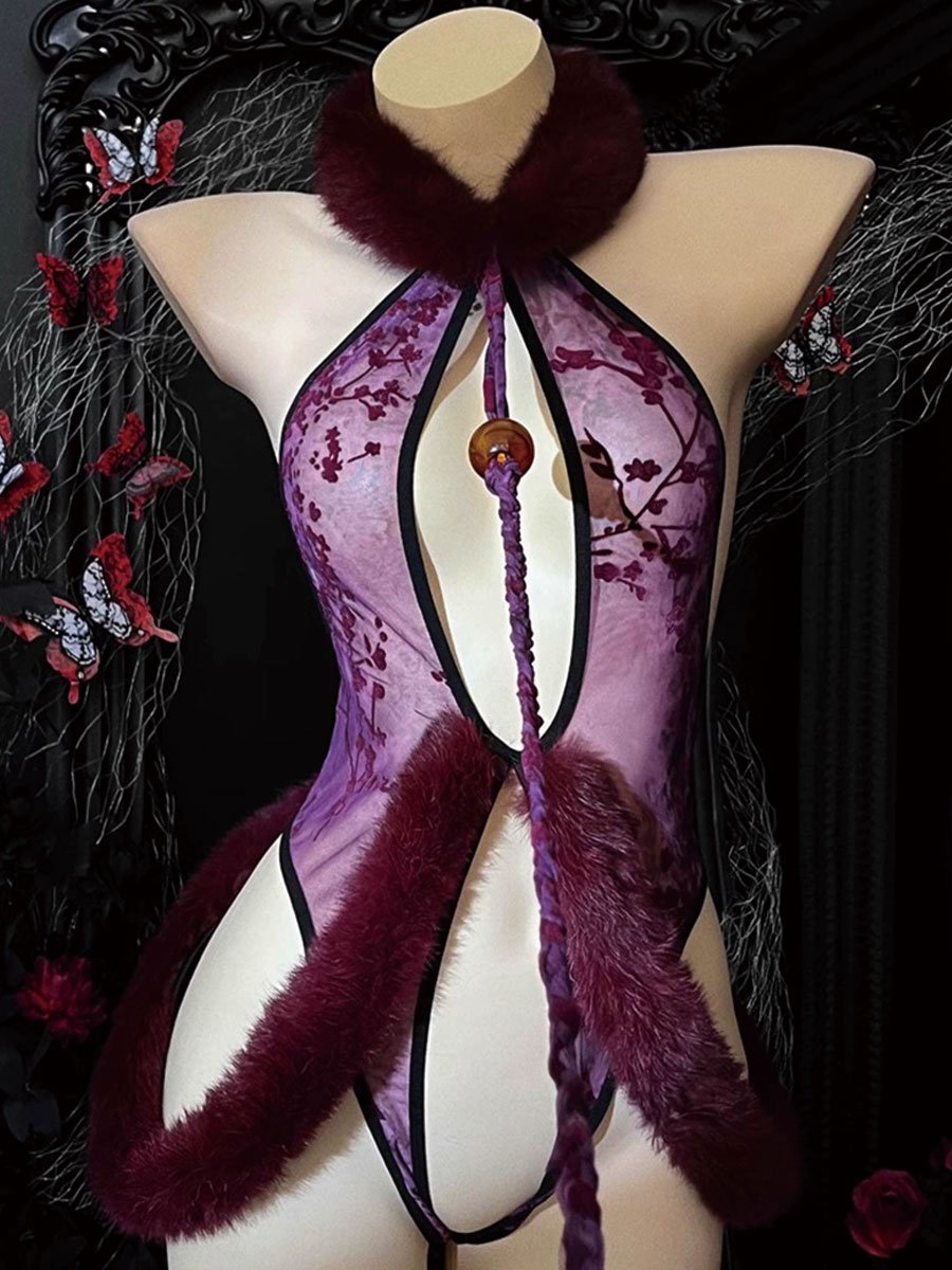 Furry Neck Lace Crotchless Teddy - Plush Chinese Style Bodysuit Blesssafe