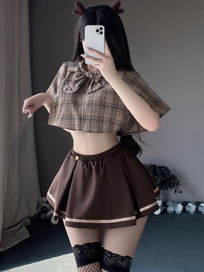 Vintage Brown Plaid Skirt Set - Retro Two Piece Schoolgirl Suit Blesssafe