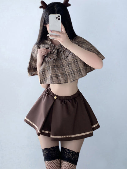 Vintage Brown Plaid Skirt Set - Retro Two Piece Schoolgirl Suit Blesssafe