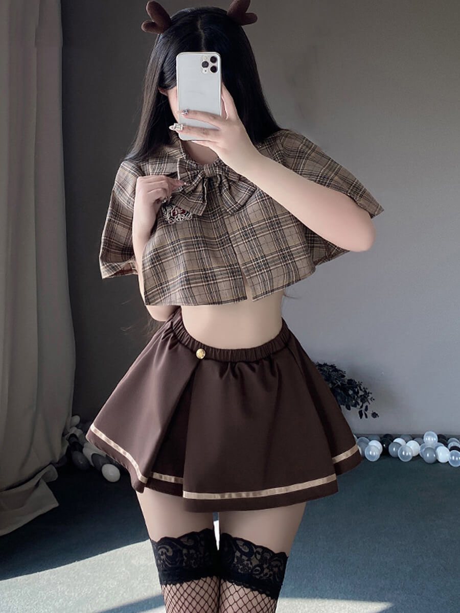 Vintage Brown Plaid Skirt Set - Retro Two Piece Schoolgirl Suit Blesssafe