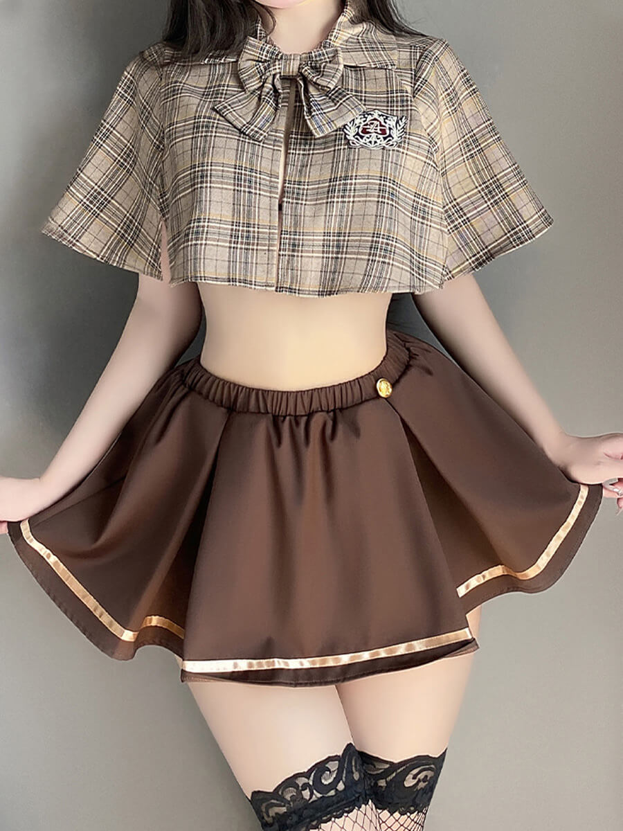 Vintage Brown Plaid Skirt Set - Retro Two Piece Schoolgirl Suit Blesssafe