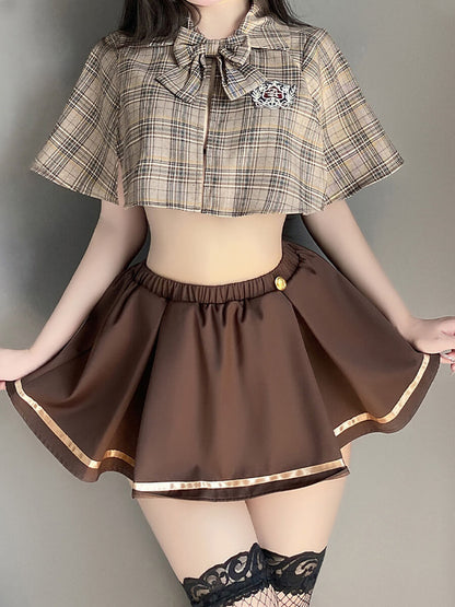 Vintage Brown Plaid Skirt Set - Retro Two Piece Schoolgirl Suit Blesssafe