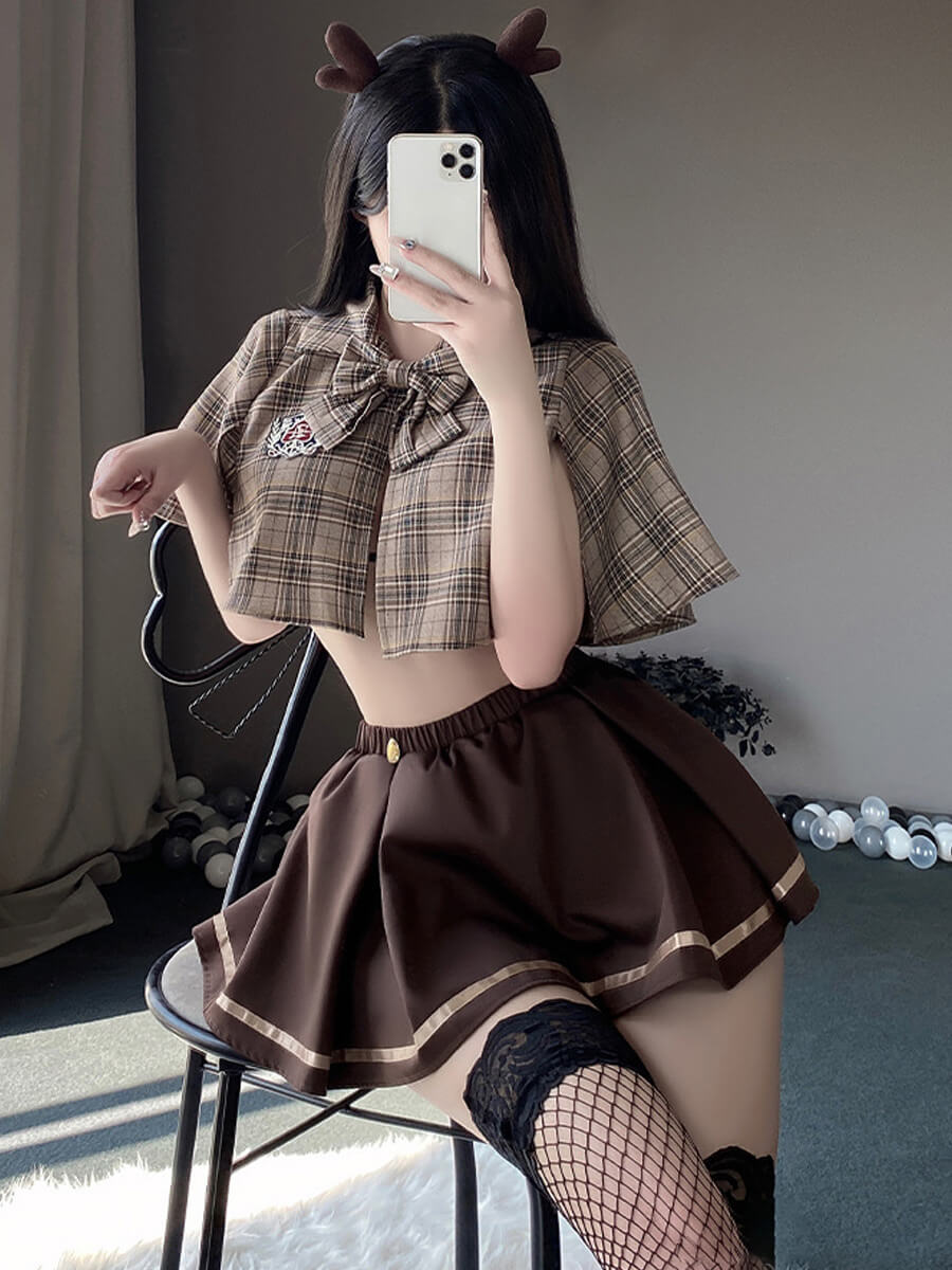 Vintage Brown Plaid Skirt Set - Retro Two Piece Schoolgirl Suit Blesssafe