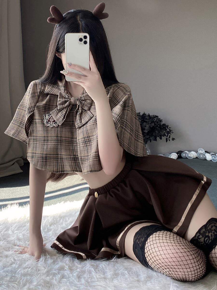 Vintage Brown Plaid Skirt Set - Retro Two Piece Schoolgirl Suit Blesssafe