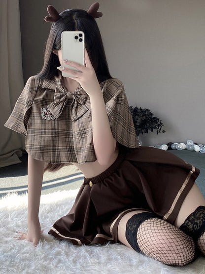 Vintage Brown Plaid Skirt Set - Retro Two Piece Schoolgirl Suit Blesssafe