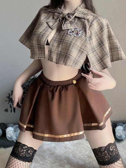Vintage Brown Plaid Skirt Set - Retro Two Piece Schoolgirl Suit Blesssafe