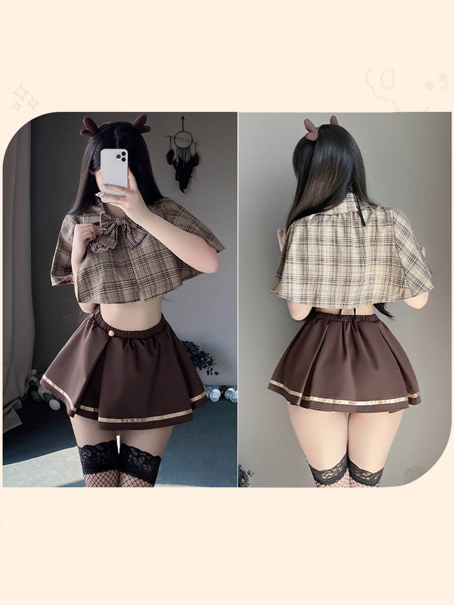 Vintage Brown Plaid Skirt Set - Retro Two Piece Schoolgirl Suit Blesssafe