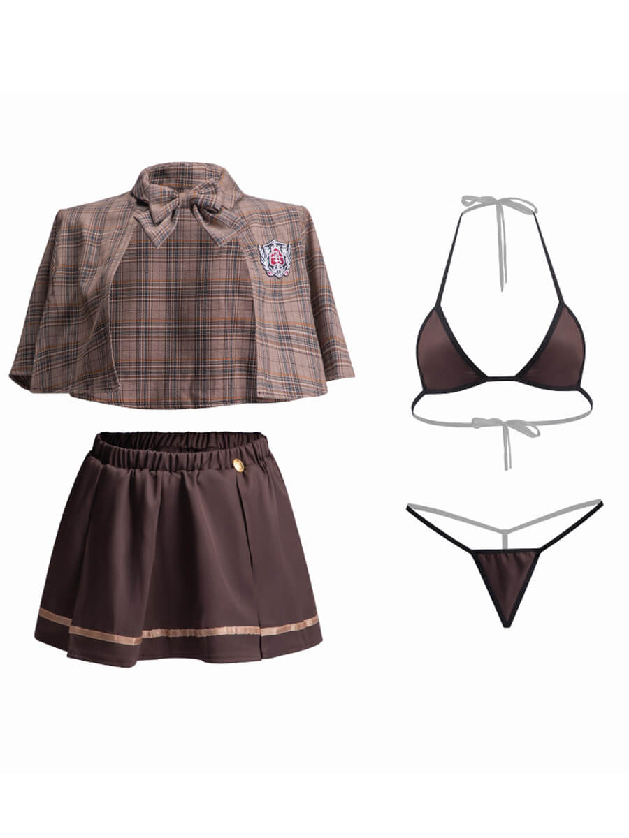 Vintage Brown Plaid Skirt Set - Retro Two Piece Schoolgirl Suit Blesssafe
