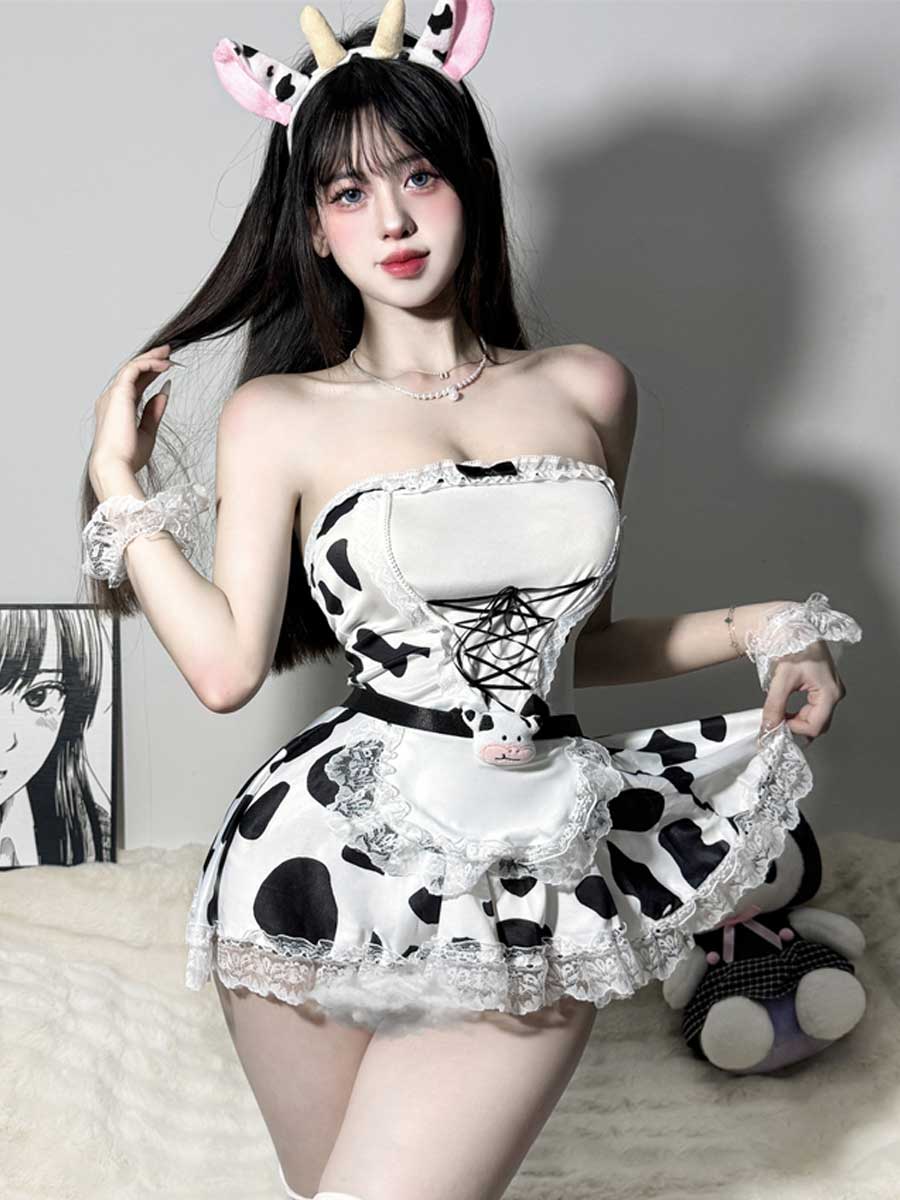 Cow Maid Cosplay Mini Dress - Sweet Flouncy Anime Servant Uniform Blesssafe