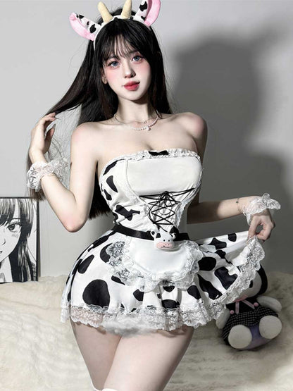 Cow Maid Cosplay Mini Dress - Sweet Flouncy Anime Servant Uniform Blesssafe