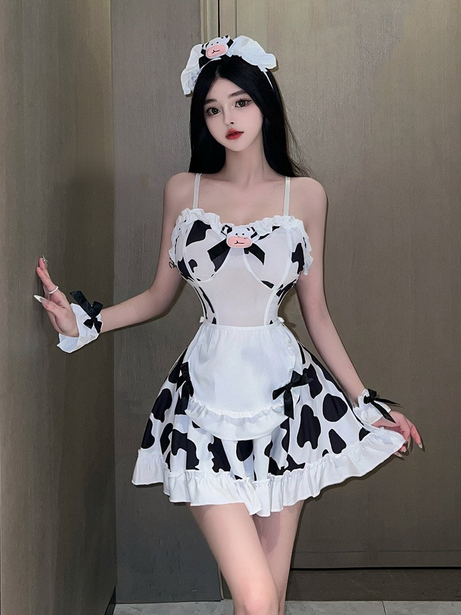 Cow Print Maid Cosplay Lingerie - Cute Ruffled Servant Teddy Blesssafe