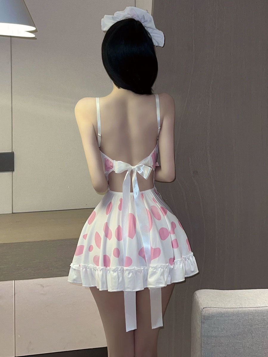 Cow Print Maid Cosplay Lingerie - Cute Ruffled Servant Teddy Blesssafe