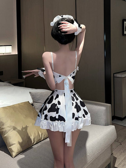 Cow Print Maid Cosplay Lingerie - Cute Ruffled Servant Teddy Blesssafe