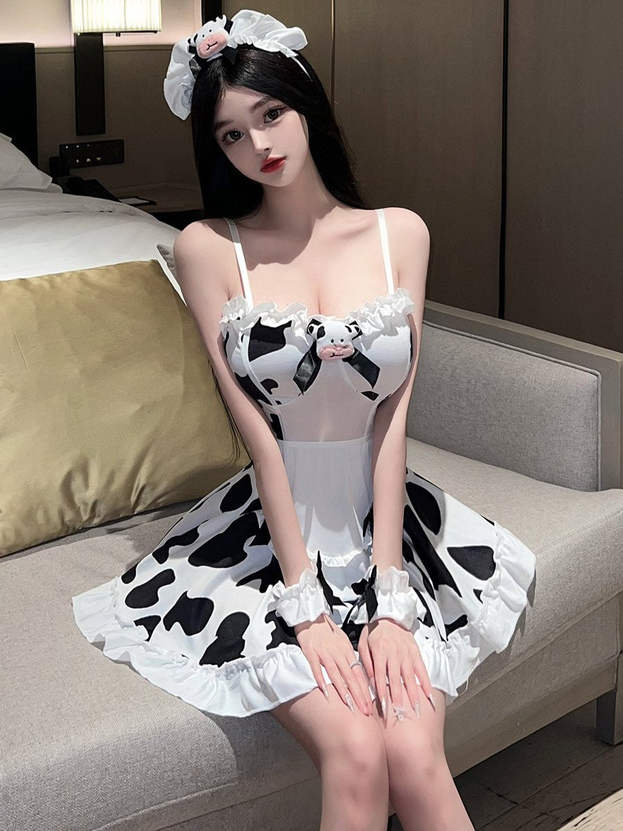Cow Print Maid Cosplay Lingerie - Cute Ruffled Servant Teddy Blesssafe