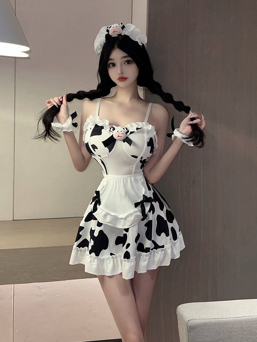 Cow Print Maid Cosplay Lingerie - Cute Ruffled Servant Teddy Blesssafe