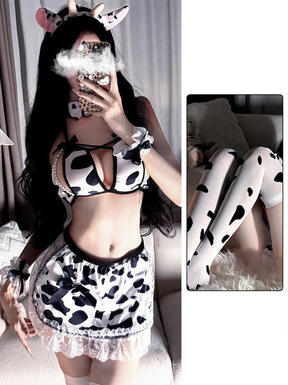 Cow Print Bra and Apron Skirt Set - Sexy Anime Servant Lingerie Blesssafe