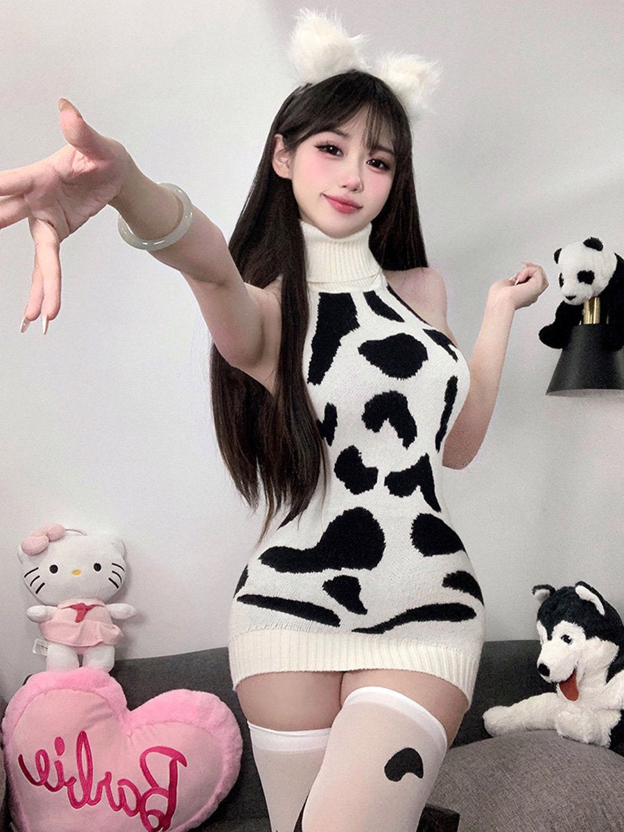 Knitted Cow Print Backless Mini Dress - Sexy Anime Sweater Gown Blesssafe