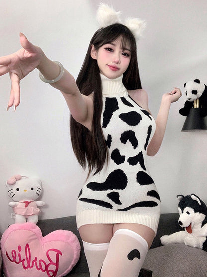 Knitted Cow Print Backless Mini Dress - Sexy Anime Sweater Gown Blesssafe
