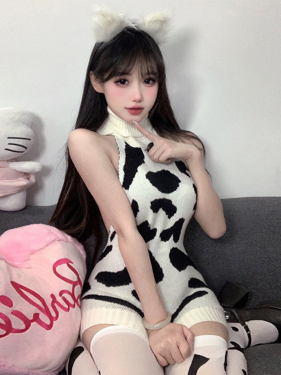 Knitted Cow Print Backless Mini Dress - Sexy Anime Sweater Gown Blesssafe