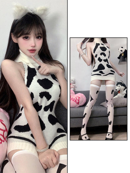 Knitted Cow Print Backless Mini Dress - Sexy Anime Sweater Gown Blesssafe