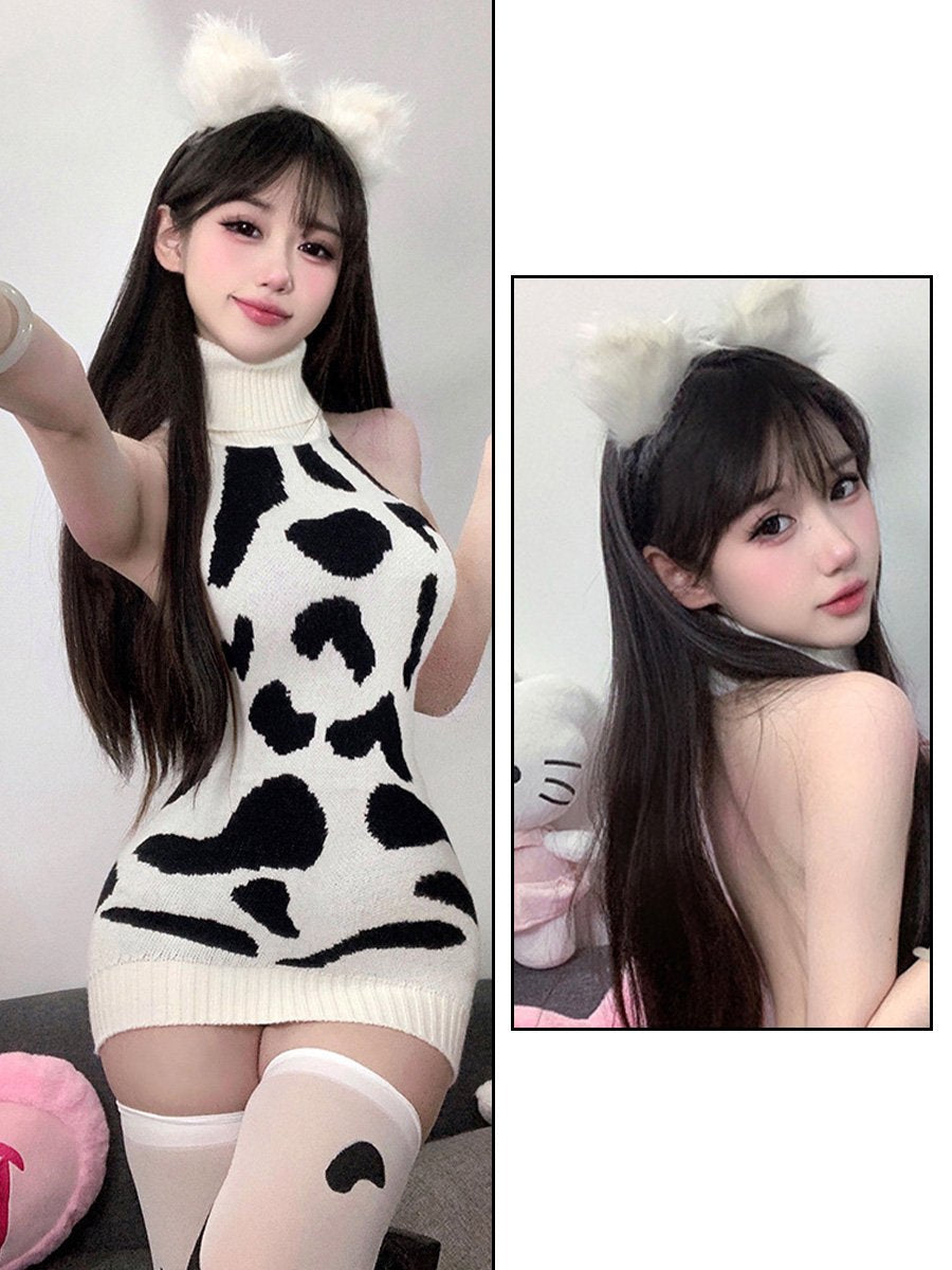 Knitted Cow Print Backless Mini Dress - Sexy Anime Sweater Gown Blesssafe