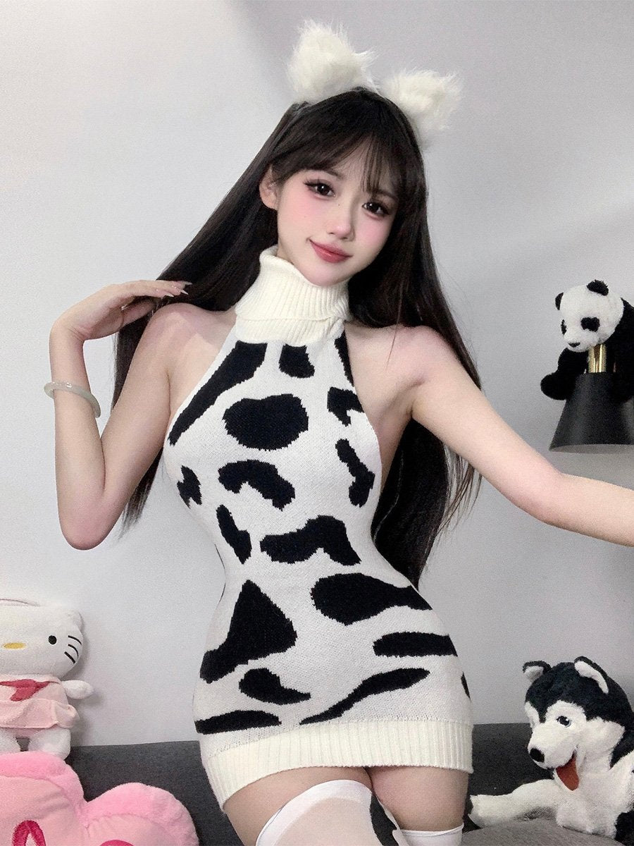 Knitted Cow Print Backless Mini Dress - Sexy Anime Sweater Gown Blesssafe