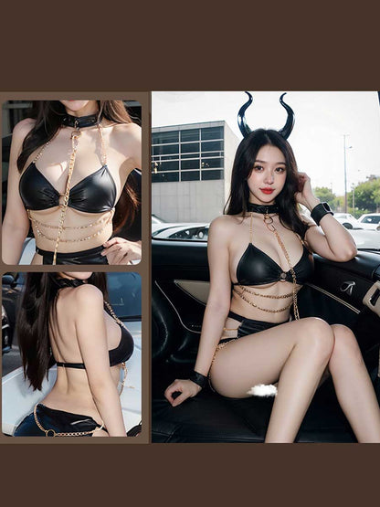 Wet Look Faux Leather Lingerie Devil Set