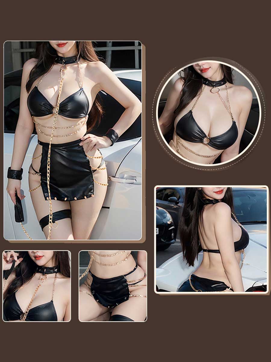 Wet Look Faux Leather Lingerie Devil Set