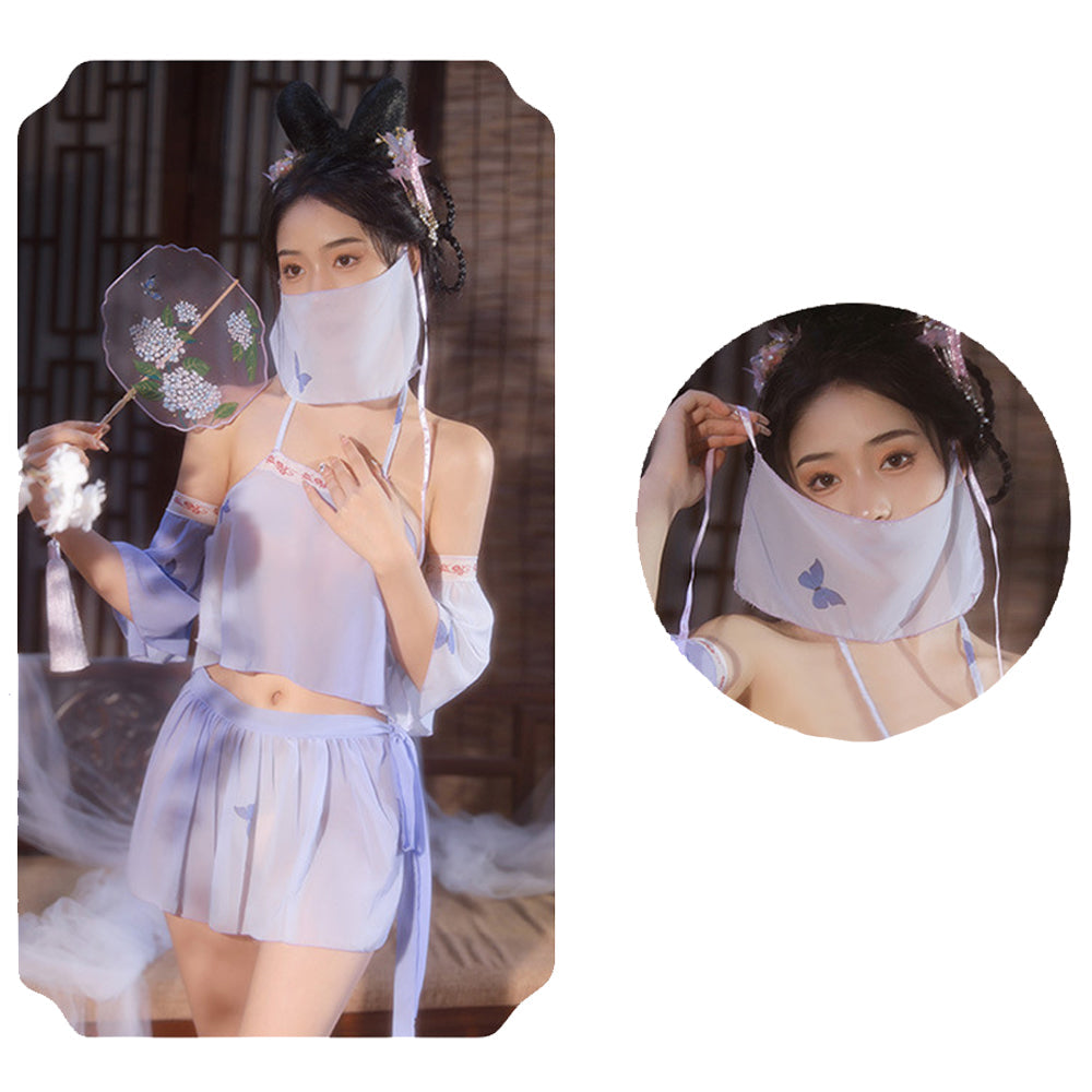 Sexy Chinese Elf Costume Purple Vintage Chiffon Halter Crop Top Slit Skirt and Panty Blesssafe