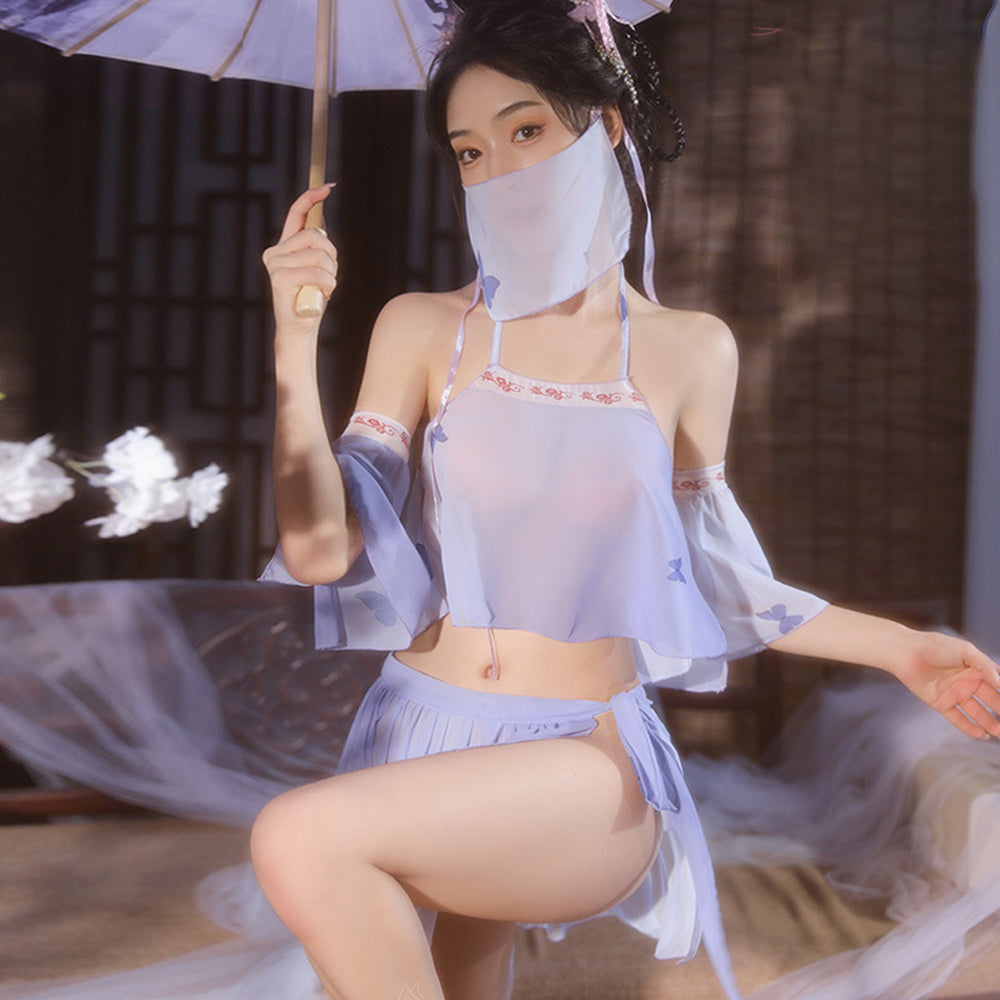Sexy Chinese Elf Costume Purple Vintage Chiffon Halter Crop Top Slit Skirt and Panty Blesssafe