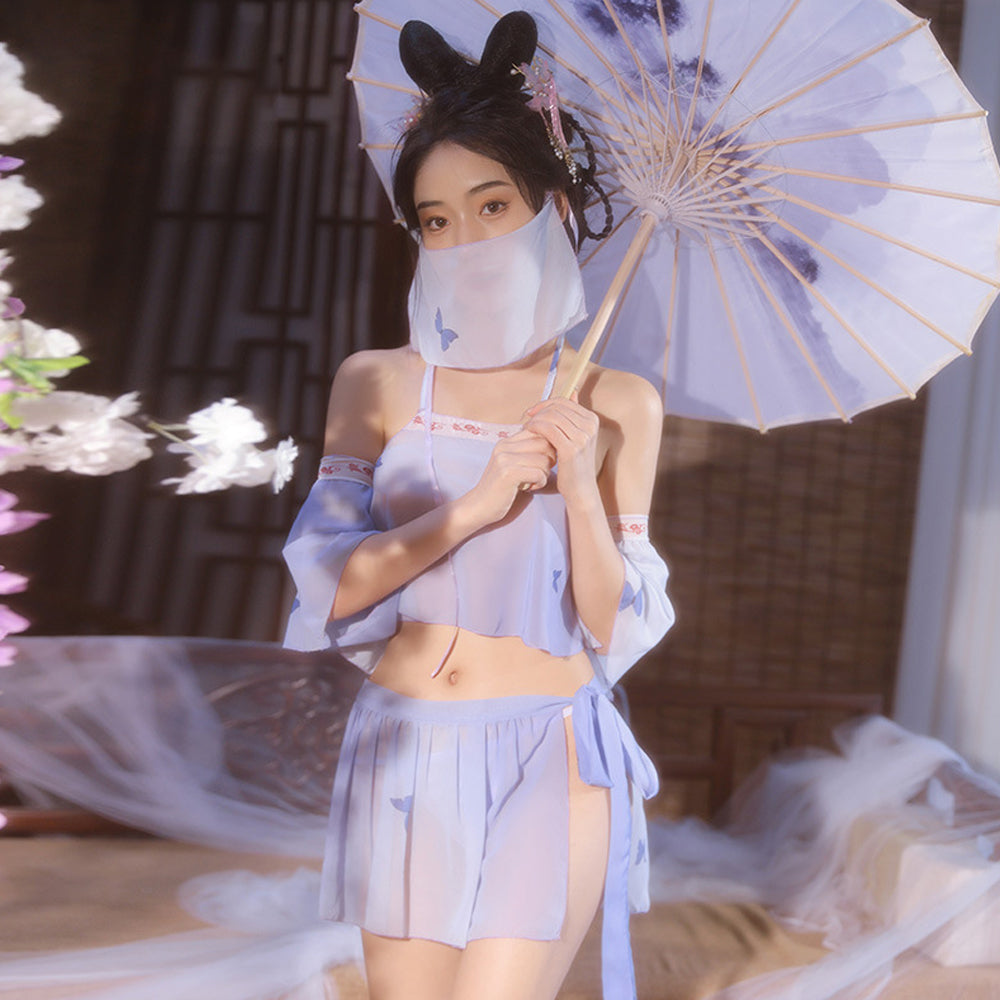 Sexy Chinese Elf Costume Purple Vintage Chiffon Halter Crop Top Slit Skirt and Panty Blesssafe