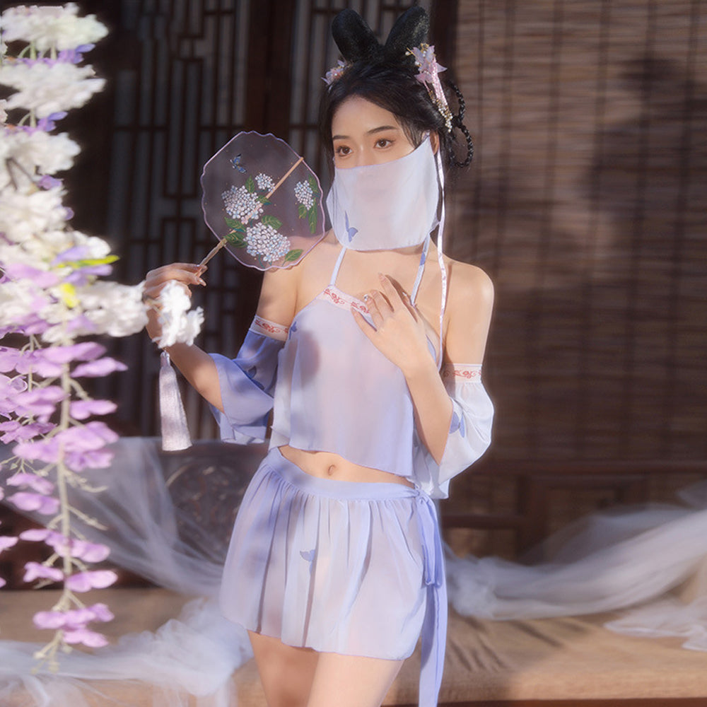 Sexy Chinese Elf Costume Purple Vintage Chiffon Halter Crop Top Slit Skirt and Panty Blesssafe
