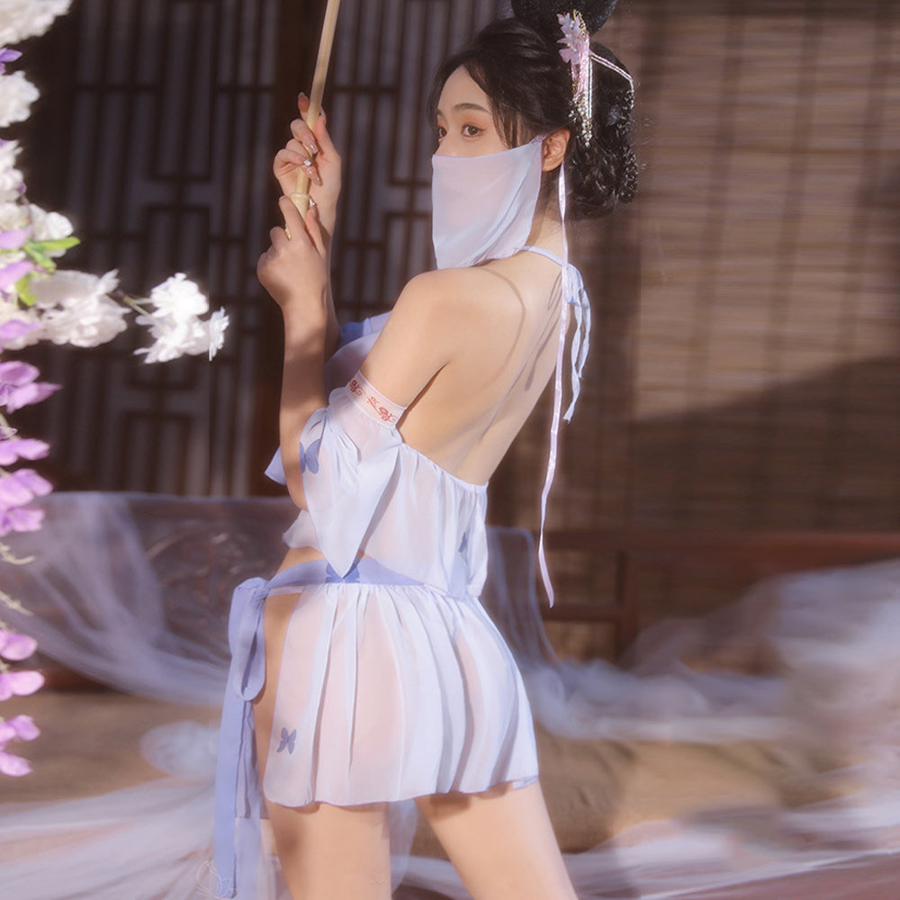 Sexy Chinese Elf Costume Purple Vintage Chiffon Halter Crop Top Slit Skirt and Panty Blesssafe