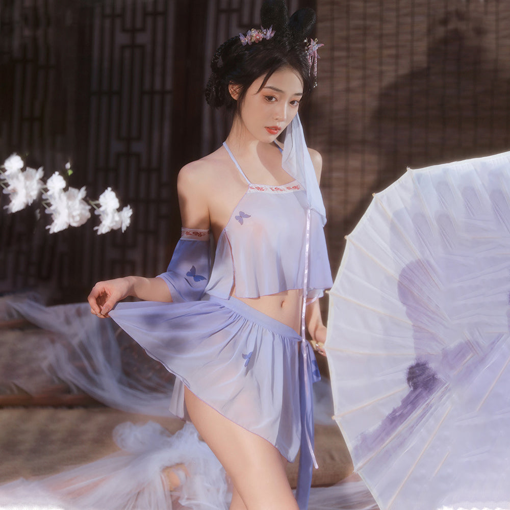 Sexy Chinese Elf Costume Purple Vintage Chiffon Halter Crop Top Slit Skirt and Panty Blesssafe