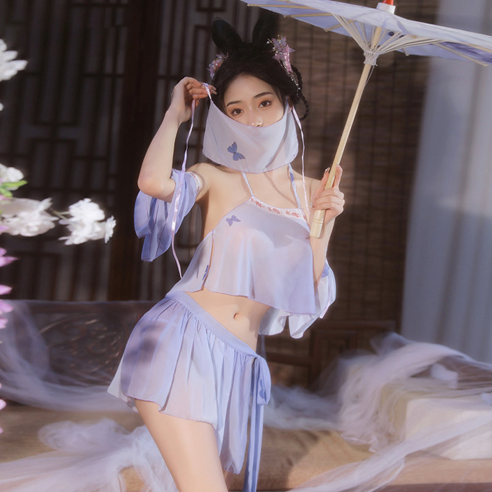 Sexy Chinese Elf Costume Purple Vintage Chiffon Halter Crop Top Slit Skirt and Panty Blesssafe