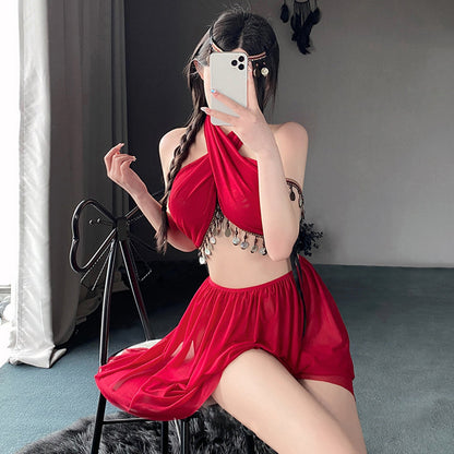 Sexy Exotic Lingerie Set Criss Cross Halter Crop Top and Slit Mini Skirt Lingerie Set Blesssafe
