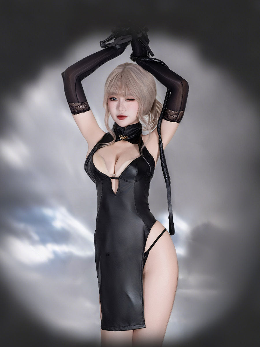 Faux Leather Cheongsam Dress - Wet Look High Gloss Chinese Qipao Blesssafe