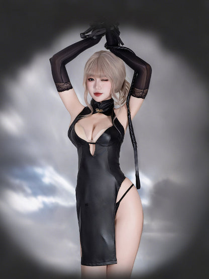 Faux Leather Cheongsam Dress - Wet Look High Gloss Chinese Qipao Blesssafe