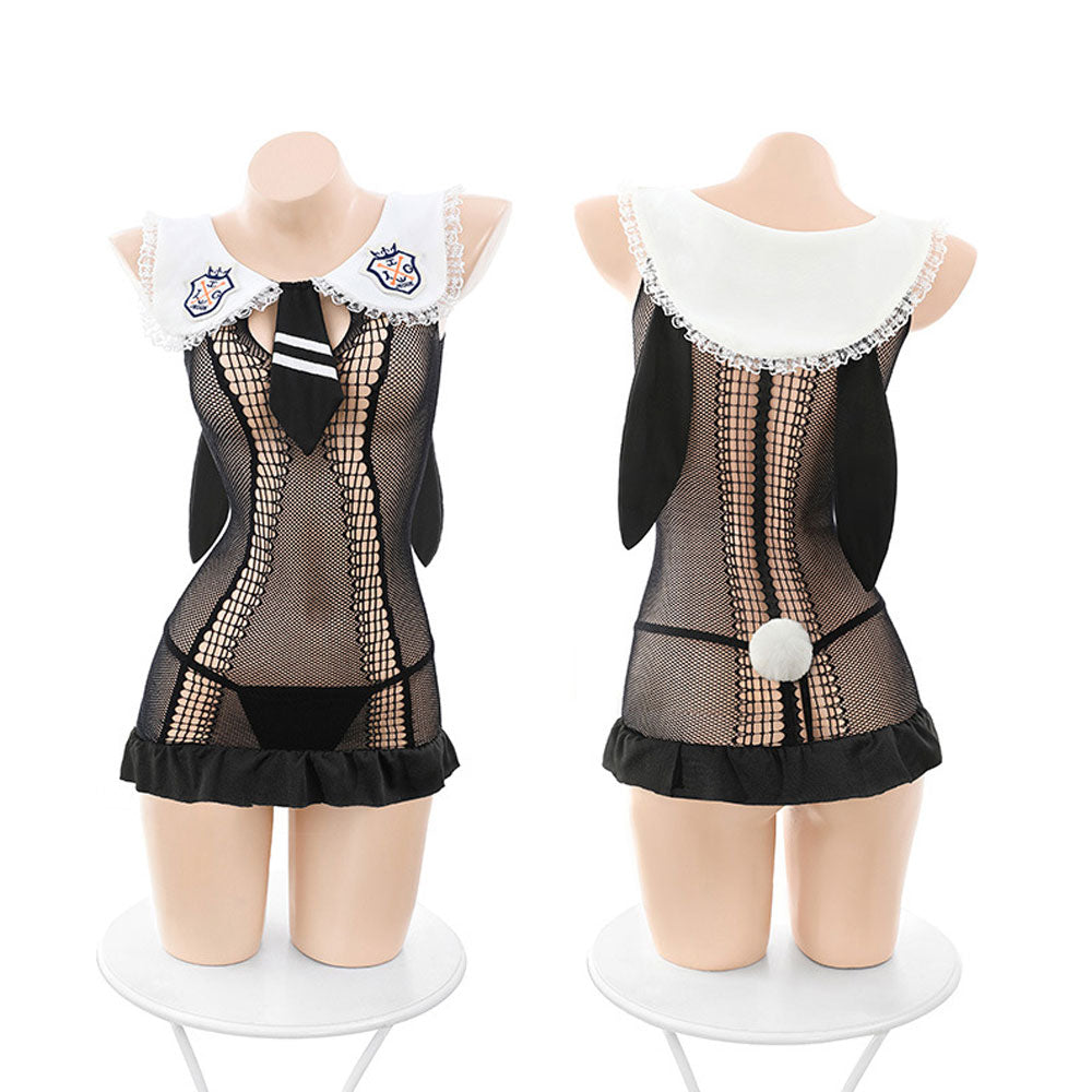Sexy Fishnet Chemise Sheer Mesh Bunny Girl Babydoll Dress Black Lace Cosplay Lingerie Set blesssafe