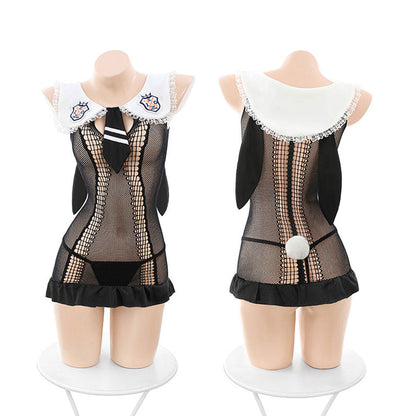 Sexy Fishnet Chemise Sheer Mesh Bunny Girl Babydoll Dress Black Lace Cosplay Lingerie Set blesssafe