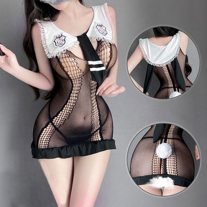 Sexy Fishnet Chemise Sheer Mesh Bunny Girl Babydoll Dress Black Lace Cosplay Lingerie Set blesssafe