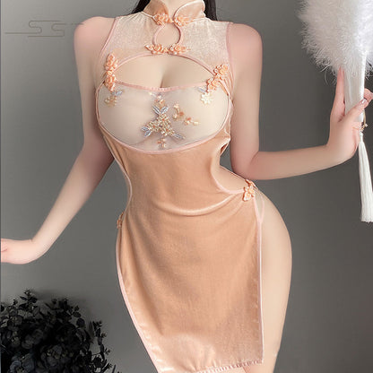 Sexy Floral Embroidery Cheongsam Mesh Patchwork Side Slit Chinese Qipao Dress Blesssafe