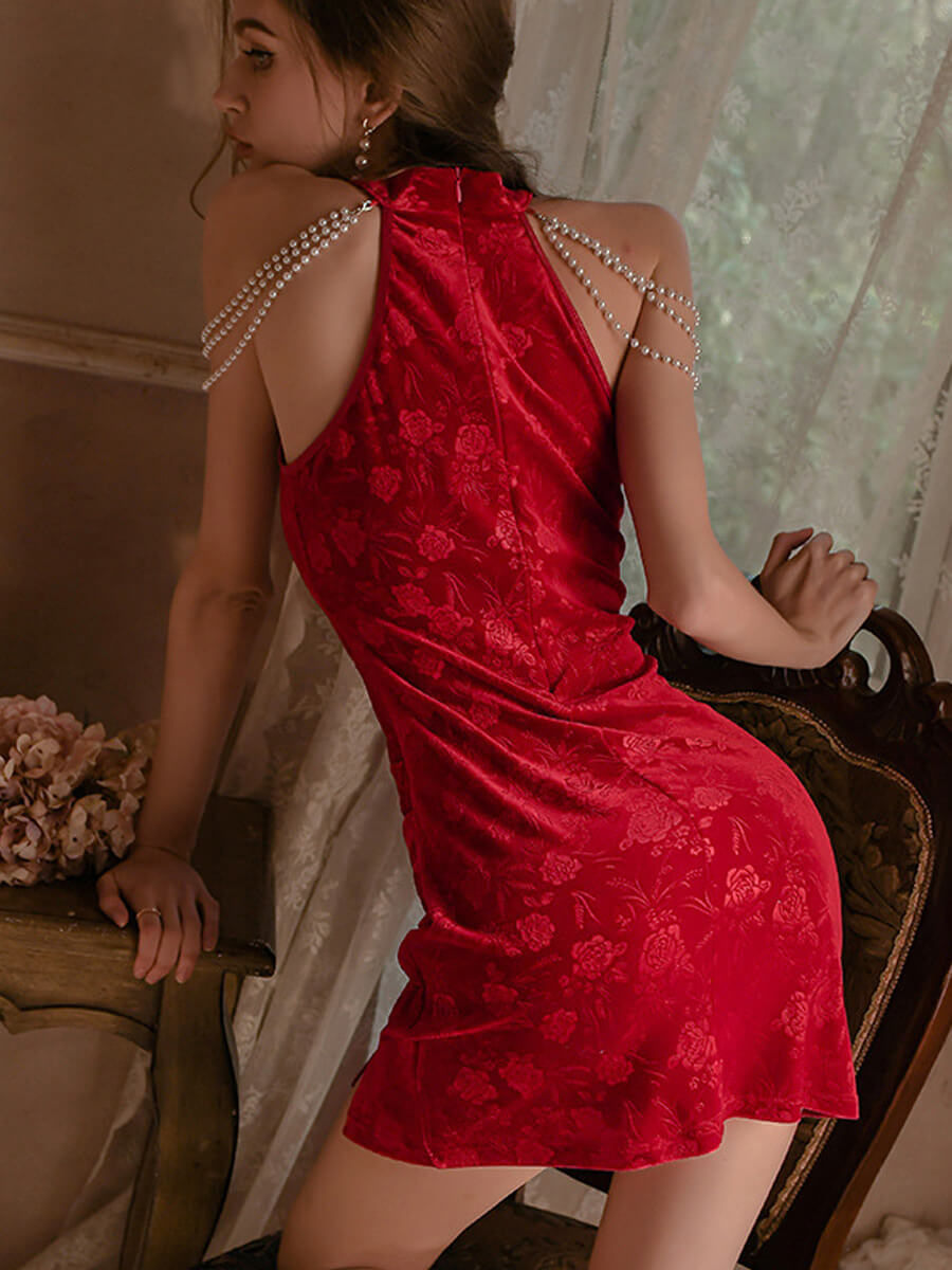 Pearl Chinese Cheongsam Dress - Sexy Beaded Backless Qipao Set Blesssafe