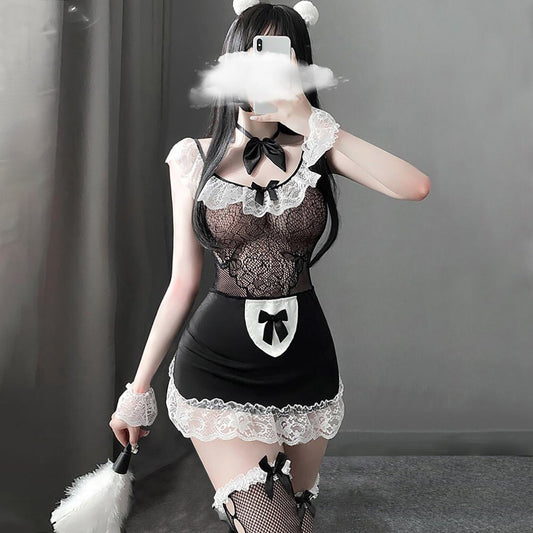 Classic Black Anime Maid Cosplay Outfit Lace Trim Babydoll Set Blesssafe