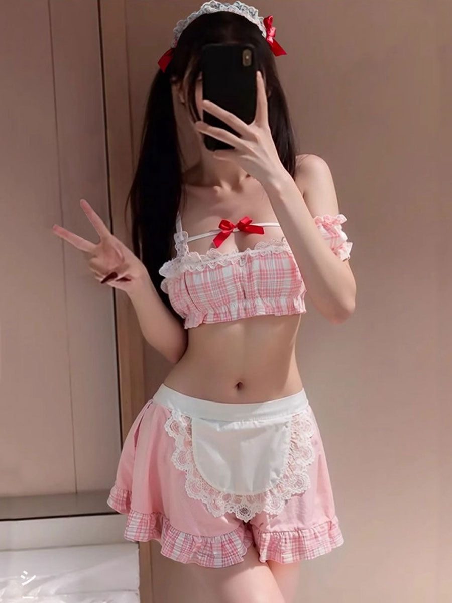 Pink Plaid Maid Apron Cosplay Costume Set Blesssafe
