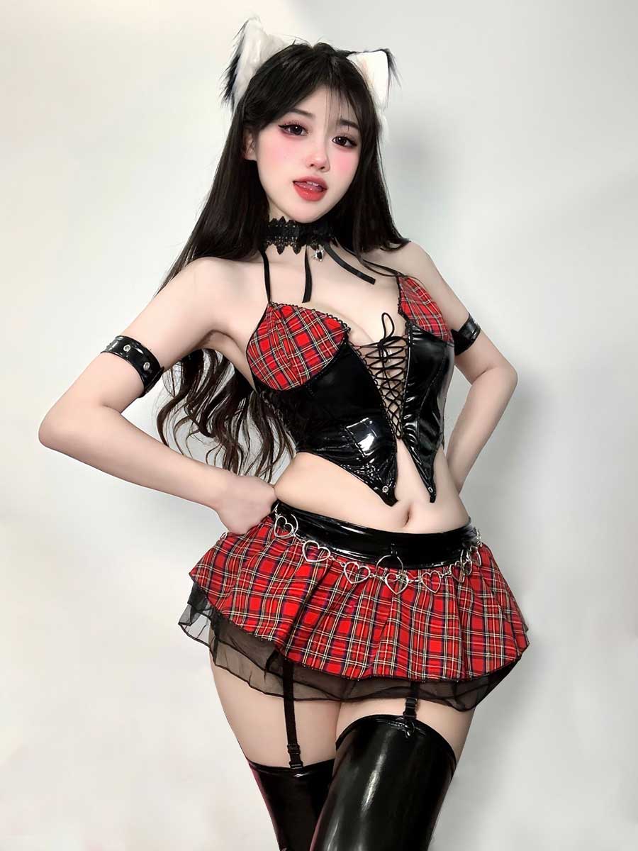 Anime Misa Gothic Lingerie Plaid Skirt Set